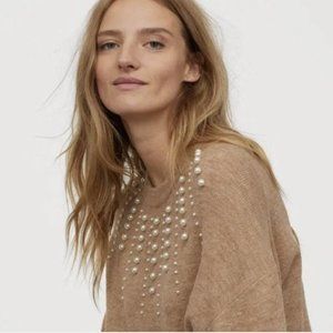 H&M Knitted Beige Camel Sweater in SOFT Wool Blend Embellished Pearl Beads M